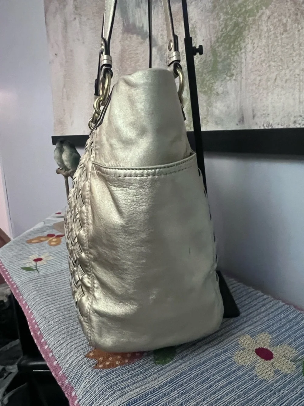 COACH North South Woven Metallic Gold Leather Shoulder Bag